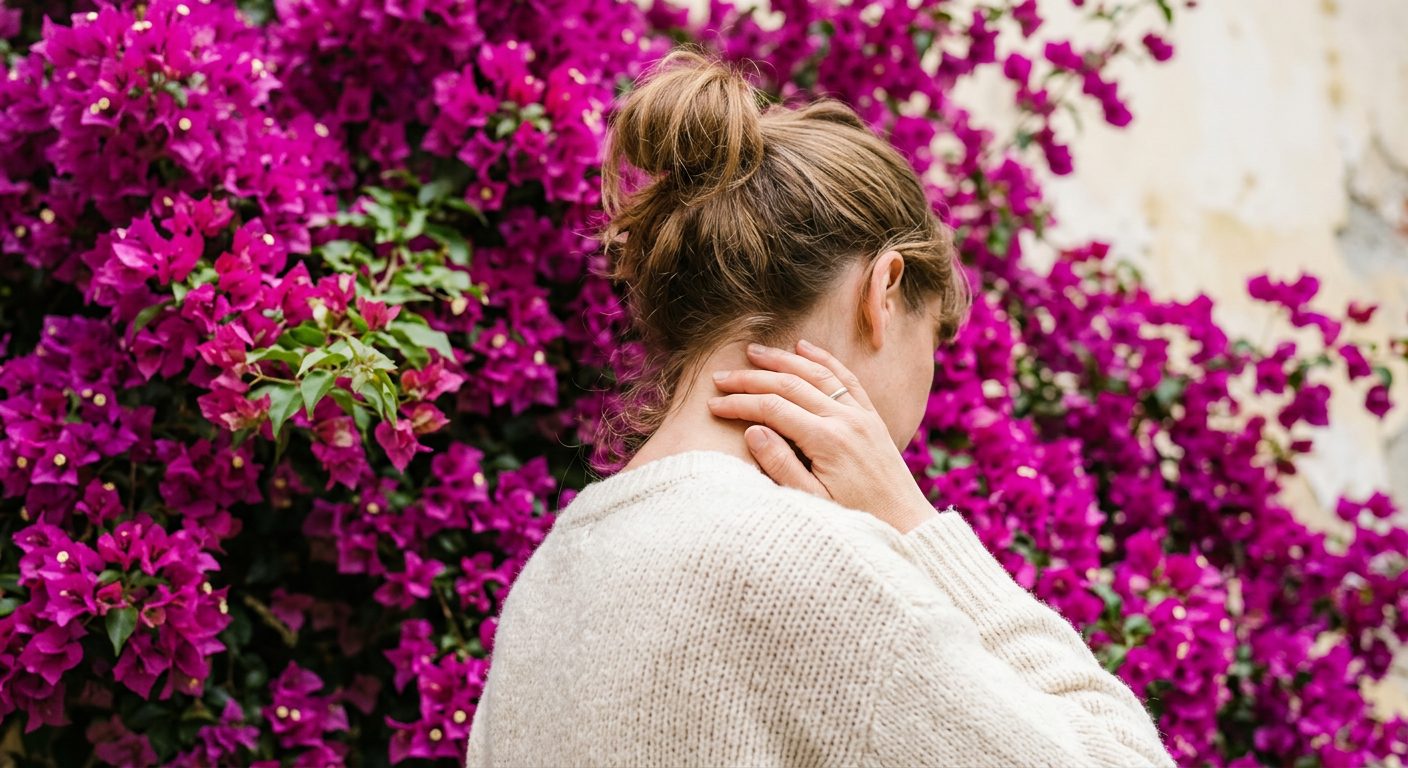 Close-up of a person's neck and shoulders in front of a fuchsia bougainvillea wall, one hand supporting the base of the neck