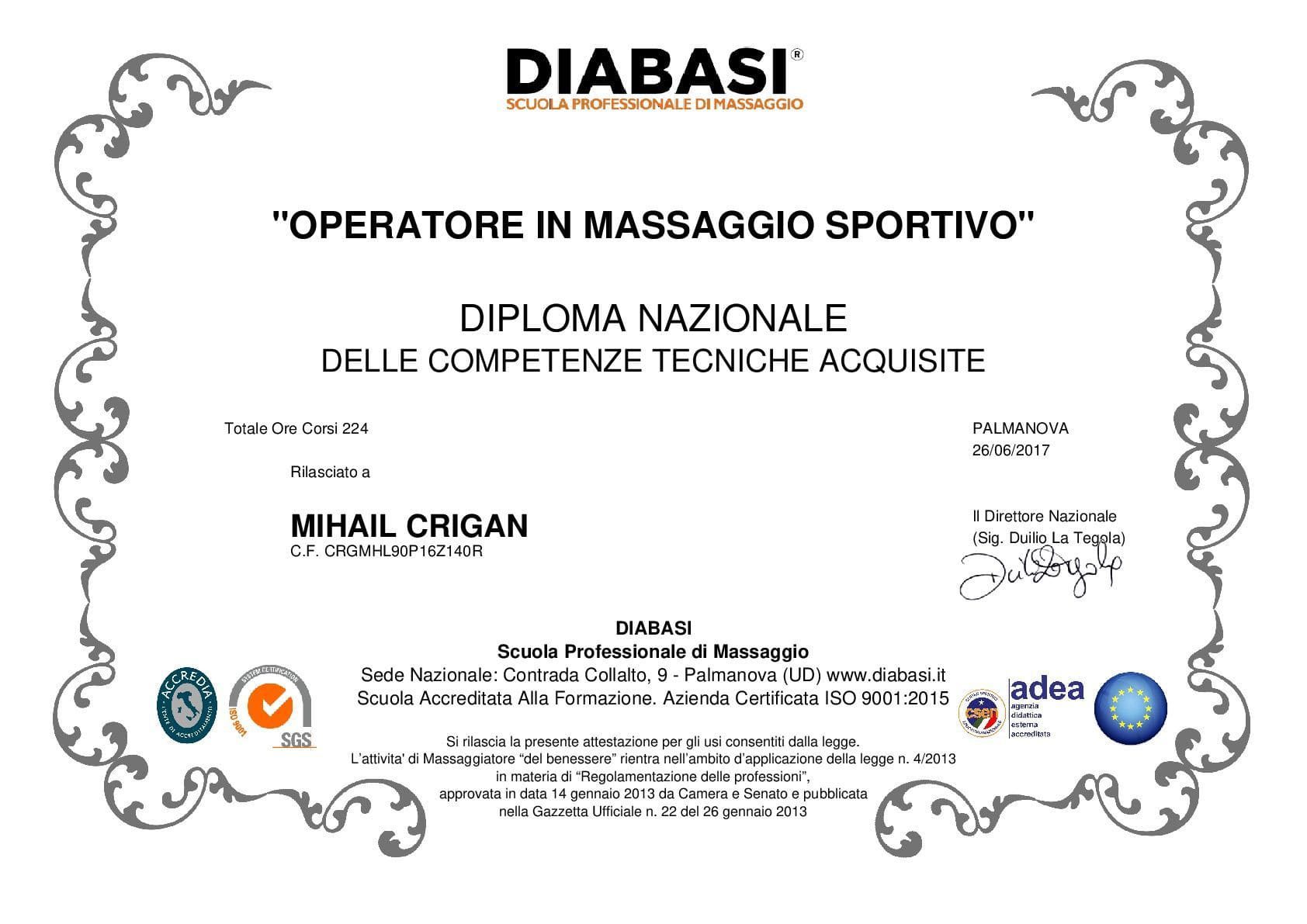 Diploma nazionale DIABASI® di Operatore in massaggio sportivo rilasciato a Mihail Crigan
