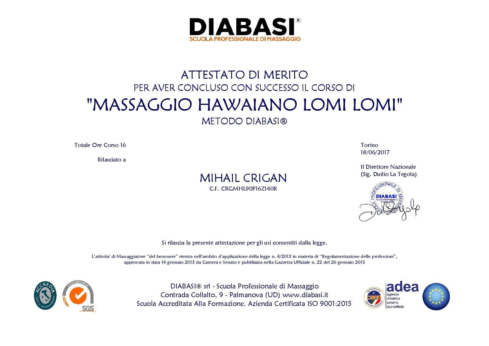 Attestato DIABASI® del corso di massaggio hawaiano Lomi Lomi rilasciato a Mihail Crigan