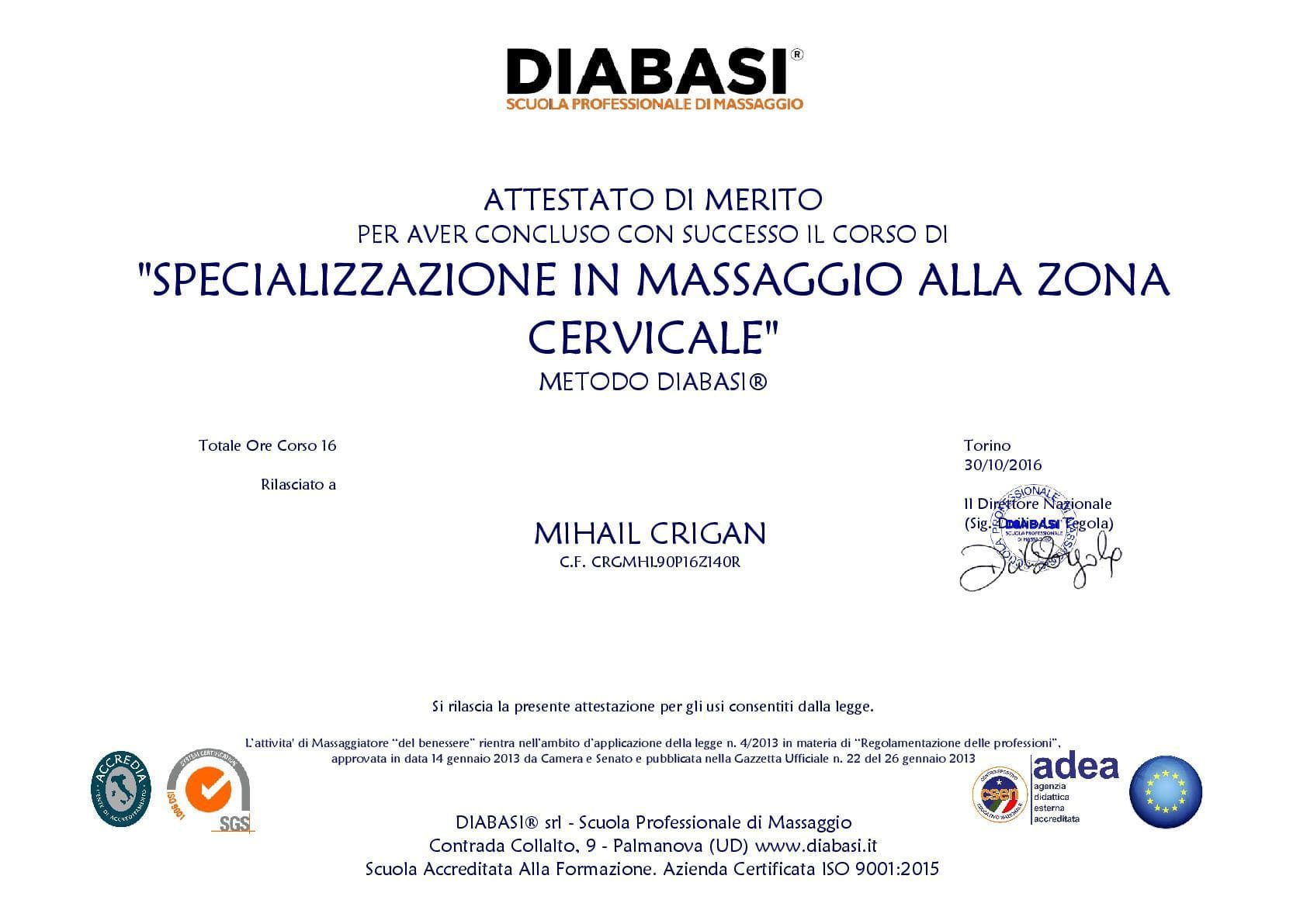 Attestato DIABASI® di specializzazione in massaggio alla zona cervicale rilasciato a Mihail Crigan