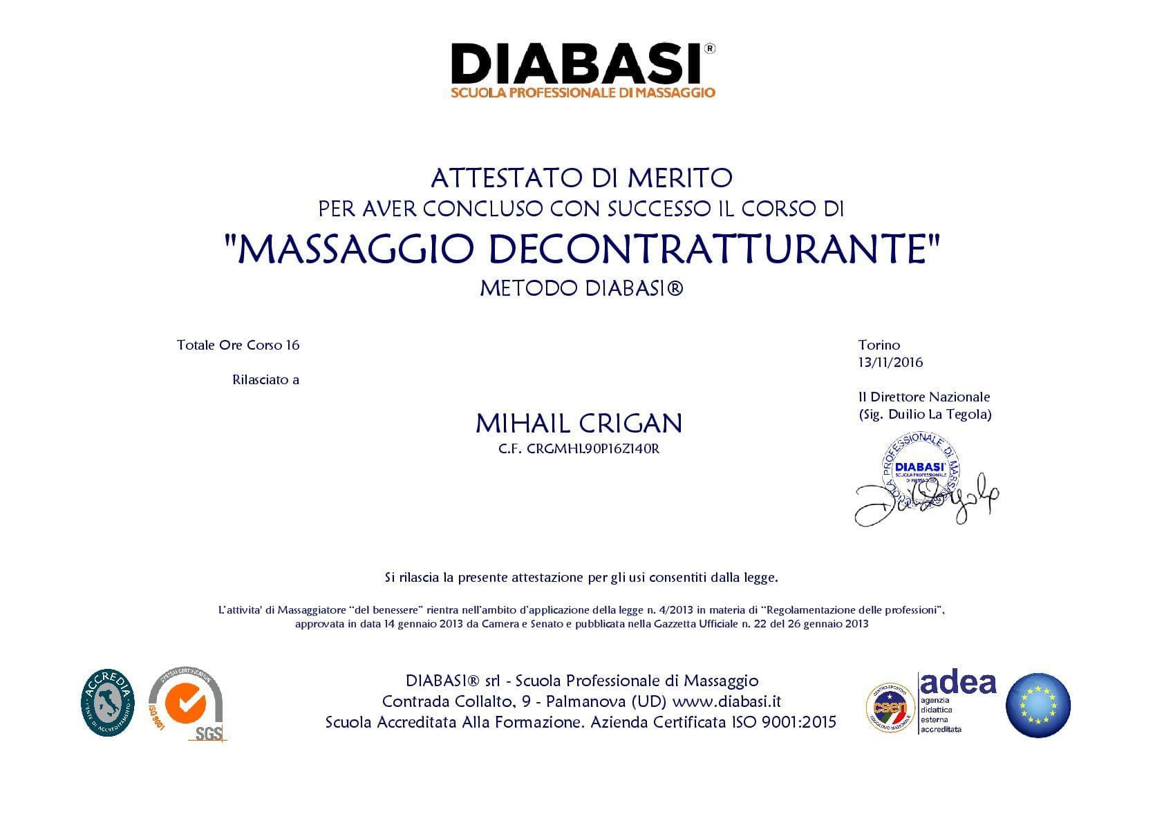 Attestato DIABASI® del corso di massaggio decontratturante rilasciato a Mihail Crigan