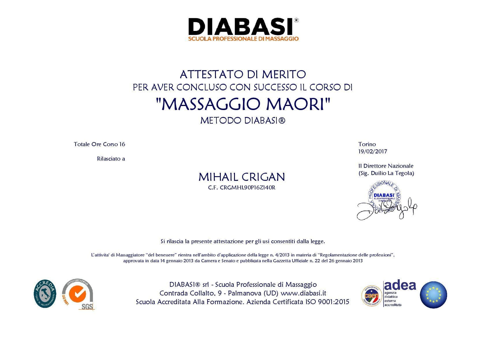 Attestato DIABASI® del corso di massaggio Maori rilasciato a Mihail Crigan