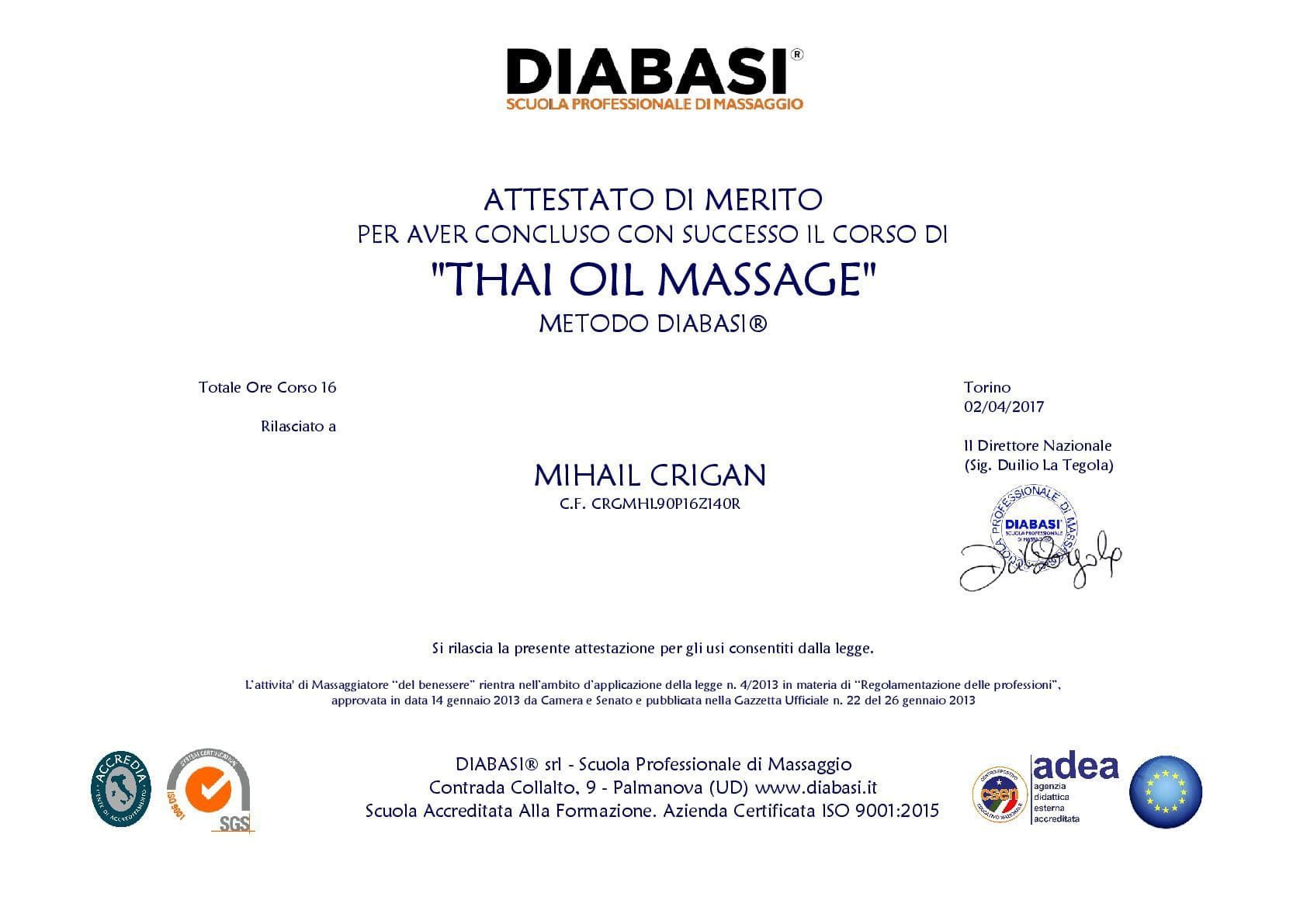 Attestato DIABASI® del corso di Thai Oil Massage rilasciato a Mihail Crigan