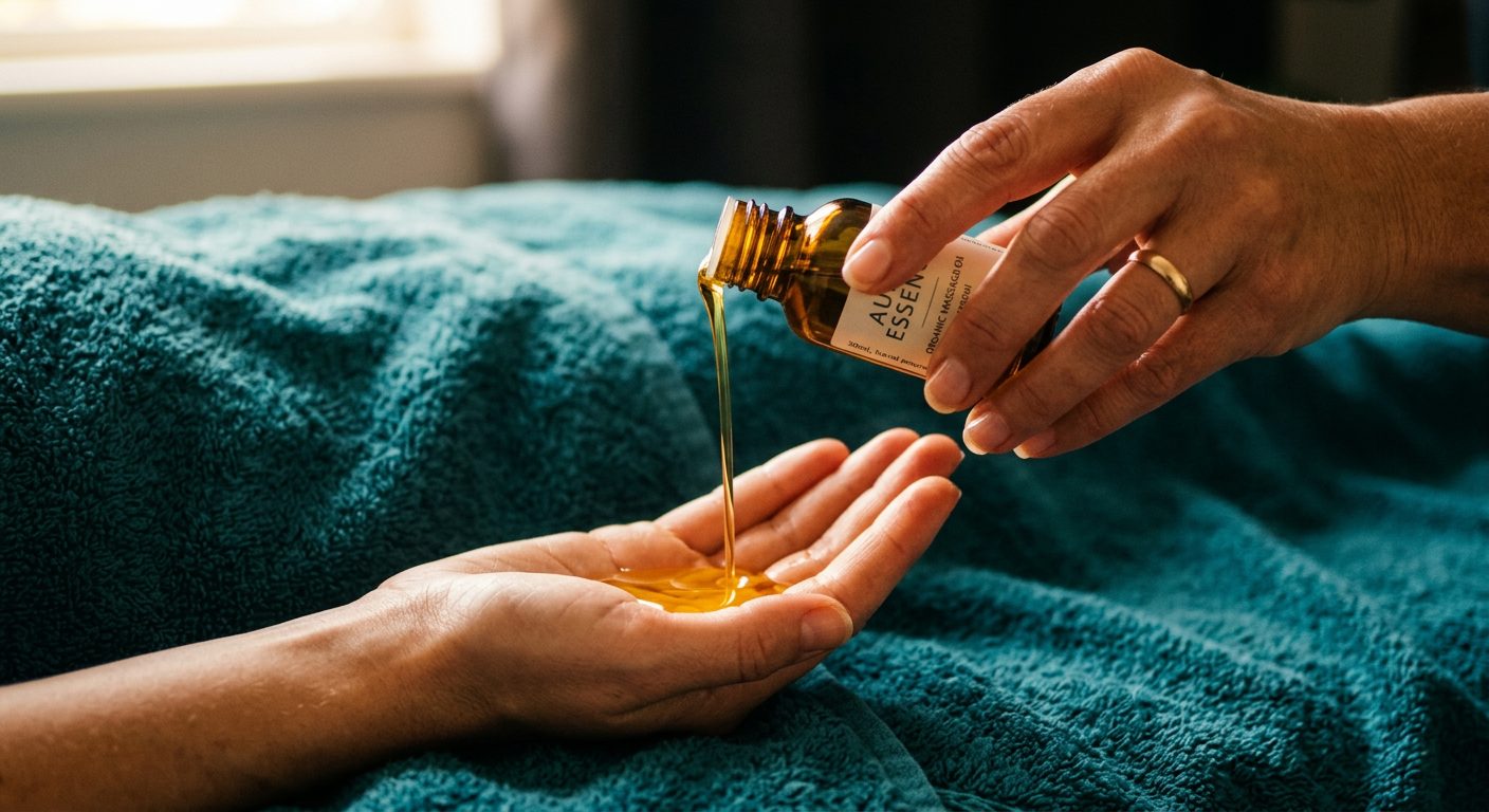 Olio per massaggio versato sulle mani dell'operatore