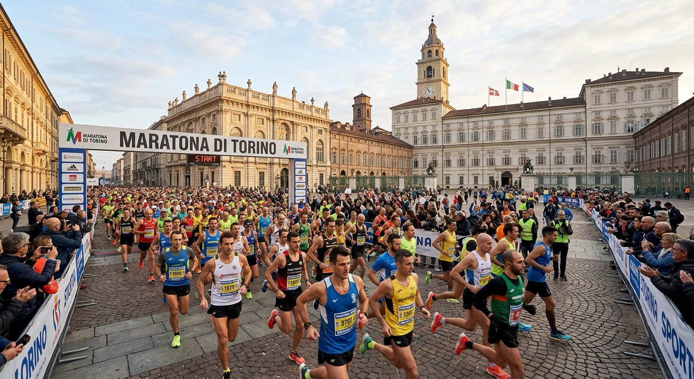 Partenza della Maratona di Torino in Piazza Castello con runner e palazzi storici