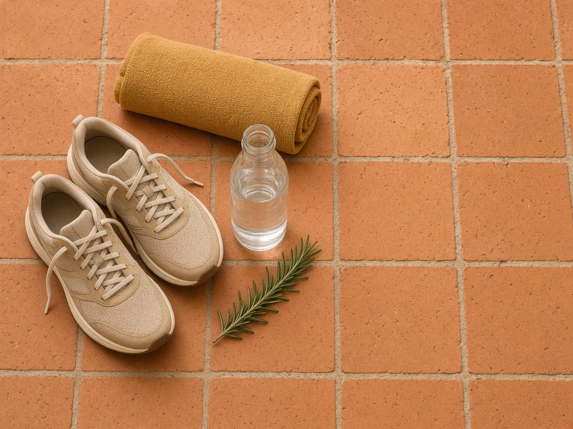 Scarpe da corsa con i lacci sciolti, asciugamano ocra arrotolato e bottiglia d'acqua su piastrelle in cotto, viste dall'alto
