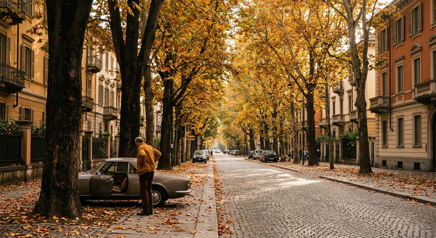 Uomo in giacca ocra in piedi accanto all'auto parcheggiata con la portiera aperta, in pausa dopo la guida, in un viale alberato di Torino in autunno