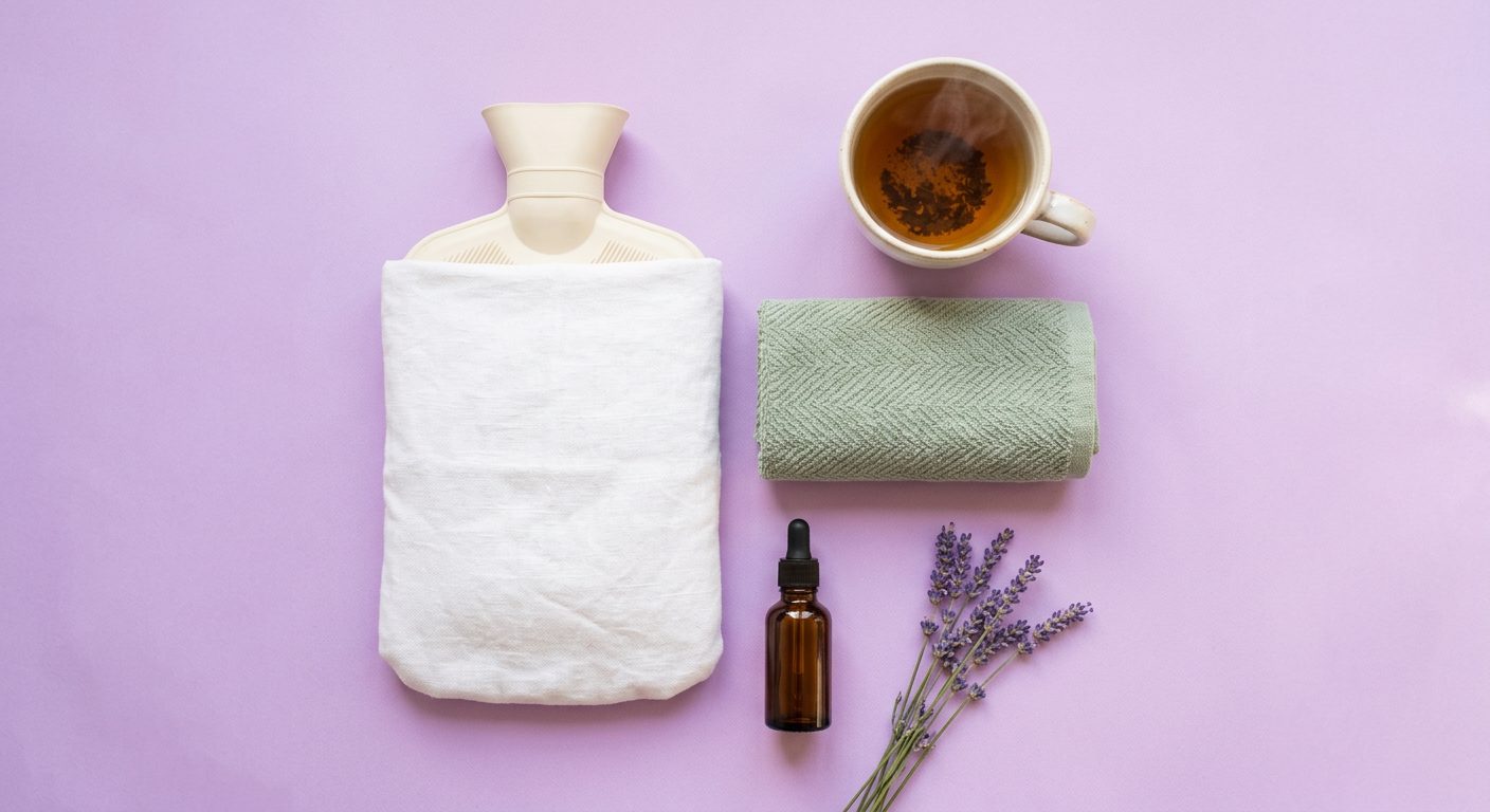Top-down view of a hot water bottle, sage green towel and massage oil on a lavender backdrop with lavender sprigs